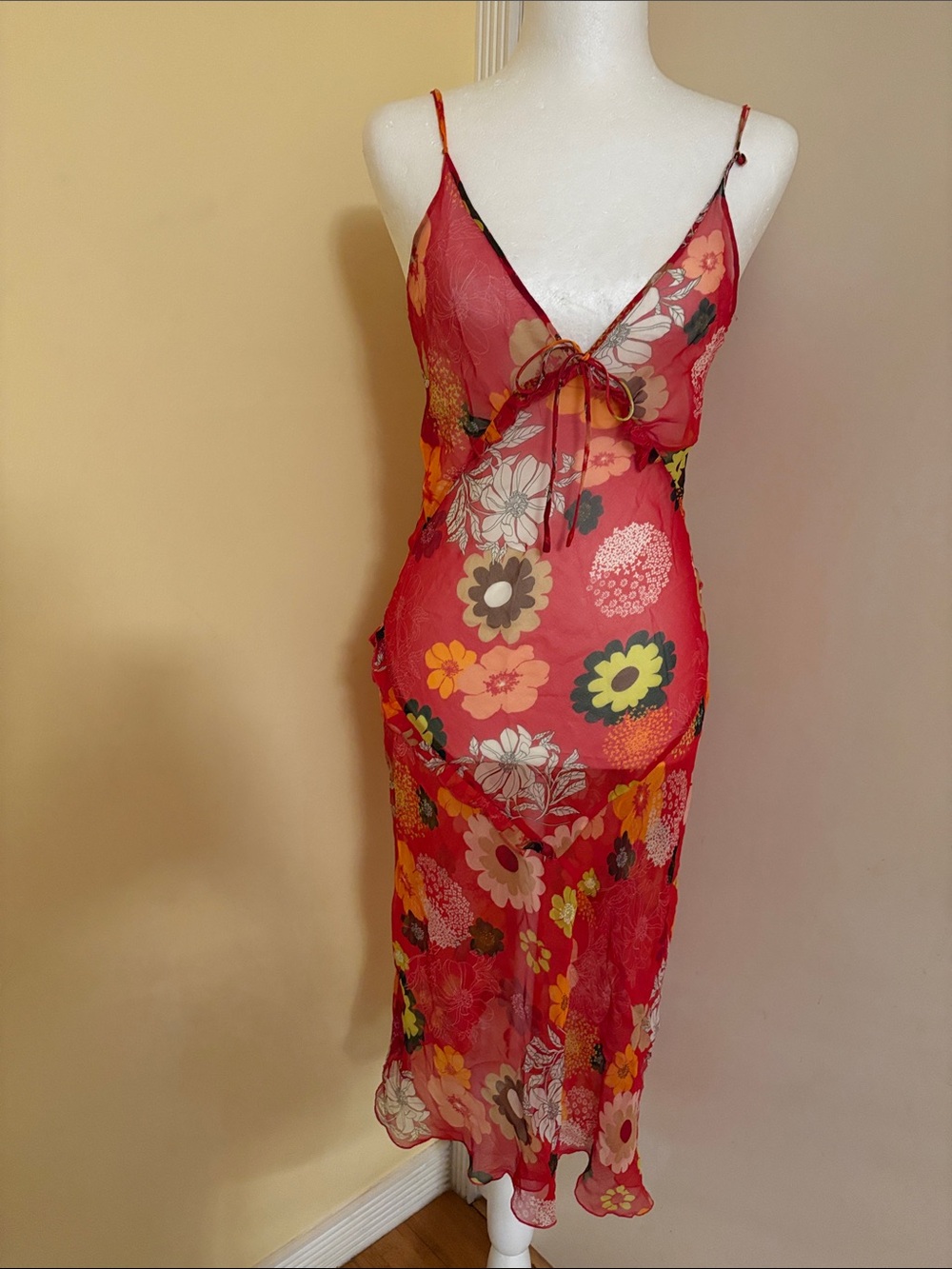 Pure Silk Sheer Floral Red Slip with Tie-Front Detail S